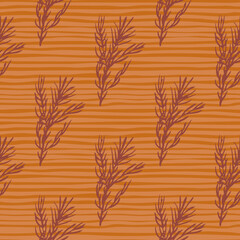 Rosemary branches silhouettes seamless pattern. Herbal fresh print on orange striped background.