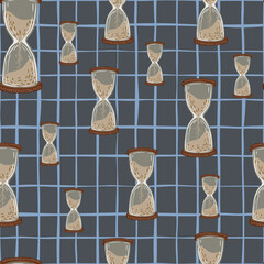 Seamless random pattern with beige hourglass ornament. Dark grey chequered background.
