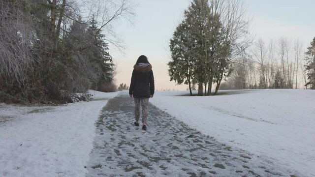 Girl Walking in a park during foggy winter sunrise in a residential neighborhood. Taken in Fraser Heights, Surrey, Greater Vancouver, British Columbia, Canada. slow motion