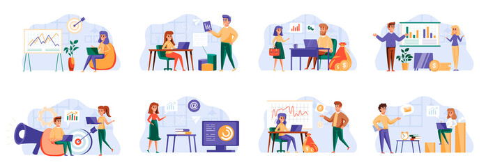 Fototapeta premium Marketing strategy bundle with people characters. Marketing department teamwork, research and presentation in office situations. Social media and digital content marketing flat vector illustration.