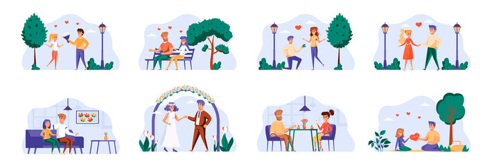 Love couple bundle with people characters. Happy Valentines Day in park, date in caffe, man proposing girl to marry, wedding ceremony situations. Romantic relationship flat vector illustration.