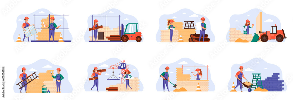 Poster builders scenes bundle with people characters. engineer, painter, road worker and bricklayer working