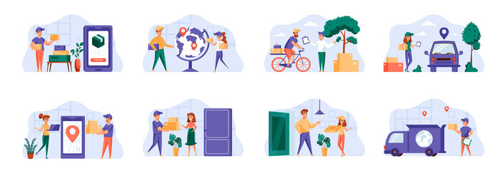 Delivery scenes bundle with people characters. Online pizza ordering, bicycle courier delivery at home, global shipping service and logistics situations. Express delivery flat vector illustration.