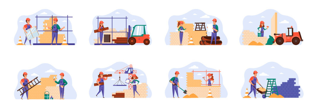 Builders scenes bundle with people characters. Engineer, painter, road worker and bricklayer working at construction site situations. Professional engineering and building flat vector illustration