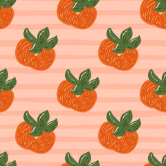 Tasty food seamless fruit pattern with orange persimmon ornament. Pink striped background.