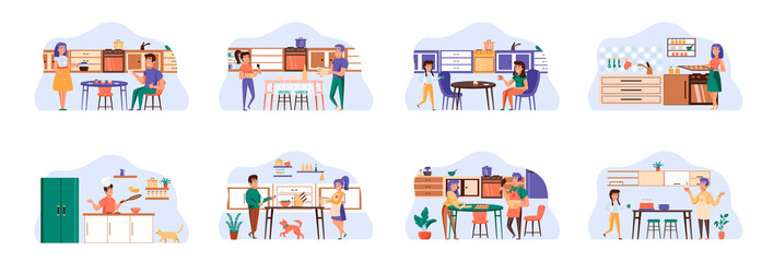 Cooking bundle of scenes with flat people characters. Happy people cooking on kitchen table at home conceptual situations. Family preparing food, delicious and healthy meal cartoon vector illustration
