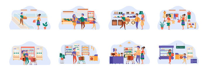 Obraz premium Shopping bundle of scenes with flat people characters. Weekend shopping in mall conceptual situations. Customers with purchases, family couple buy products and clothes cartoon vector illustration