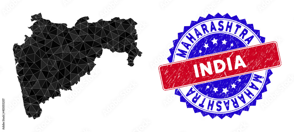 Poster maharashtra state map polygonal mesh with filled triangles, and scratched bicolor stamp print. trian