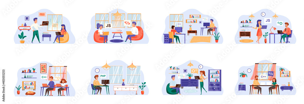 Poster Software testing bundle of scenes with flat people characters. Developers debugging digital application conceptual situations. oftware testing, search of program bugs cartoon vector illustration