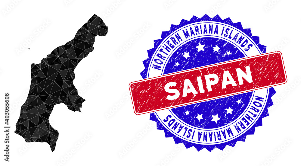 Poster saipan island map polygonal mesh with filled triangles, and rough bicolor seal. triangle mosaic saip