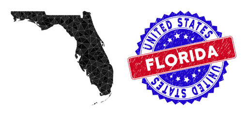 Florida map polygonal mesh with filled triangles, and rubber bicolor rubber seal. Triangle mosaic Florida map with mesh vector model, triangles have randomized sizes, and positions, and color tints.