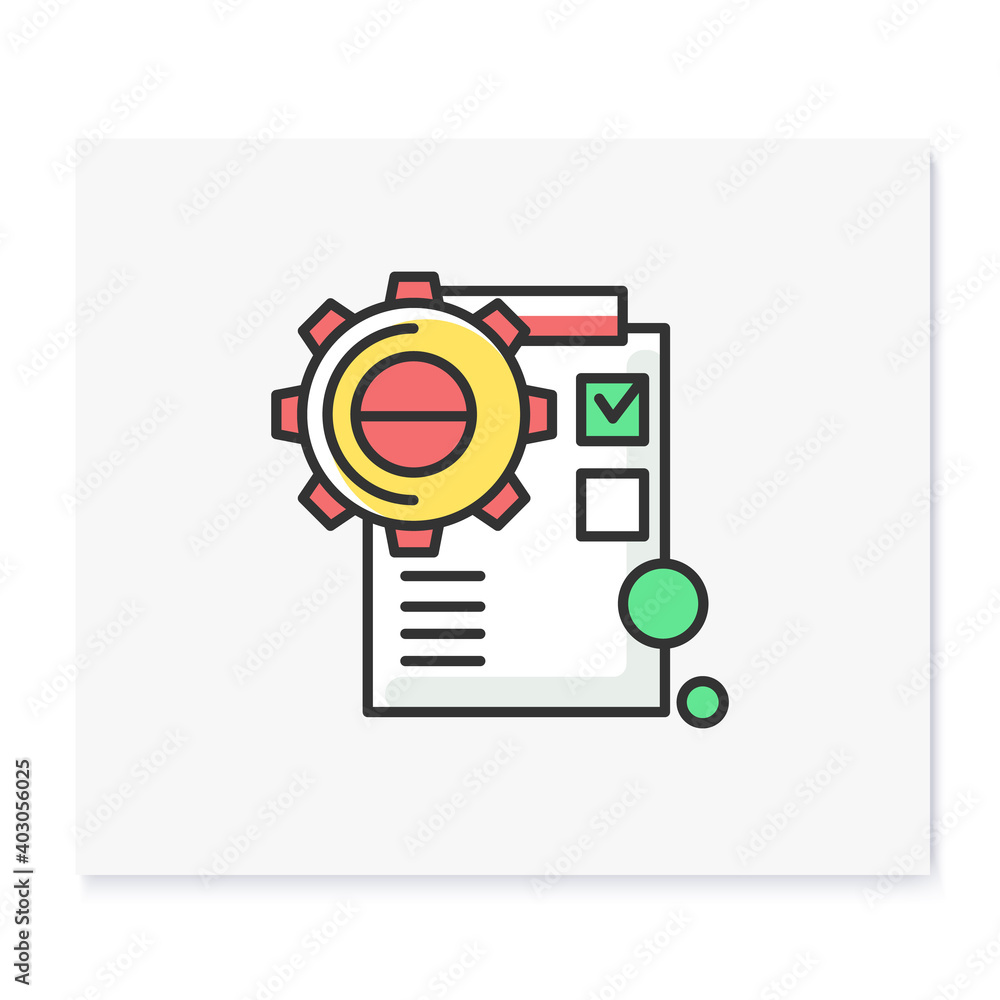 Aufkleber product implementation color icon. gear line pictogram with checklist. concept of creative product a