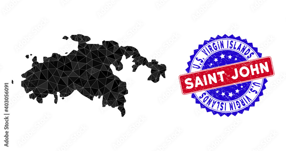 Poster saint john island map polygonal mesh with filled triangles, and grunge bicolor stamp seal. triangle 