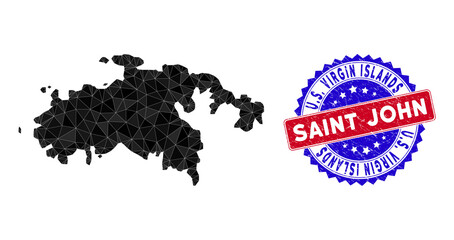 Saint John Island map polygonal mesh with filled triangles, and grunge bicolor stamp seal. Triangle mosaic Saint John Island map with mesh vector model, triangles have randomized sizes, and positions,