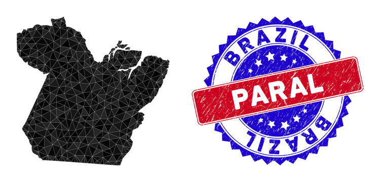 Paral State map polygonal mesh with filled triangles, and scratched bicolor stamp seal. Triangle mosaic Paral State map with mesh vector model, triangles have variable sizes, and positions,