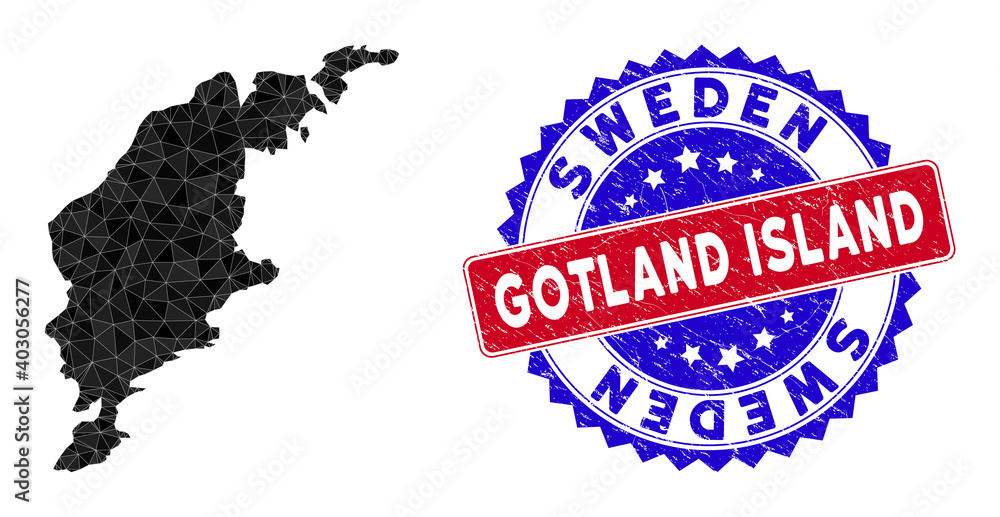 Poster gotland island map polygonal mesh with filled triangles, and distress bicolor stamp imitation. trian