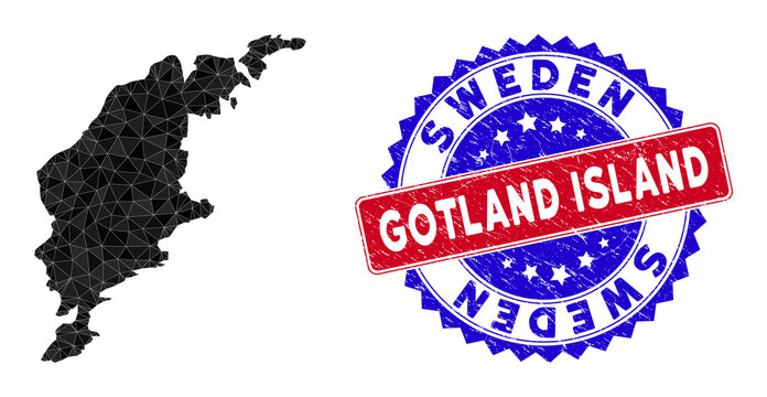 Gotland Island map polygonal mesh with filled triangles, and distress bicolor stamp imitation. Triangle mosaic Gotland Island map with mesh vector model, triangles have randomized sizes,