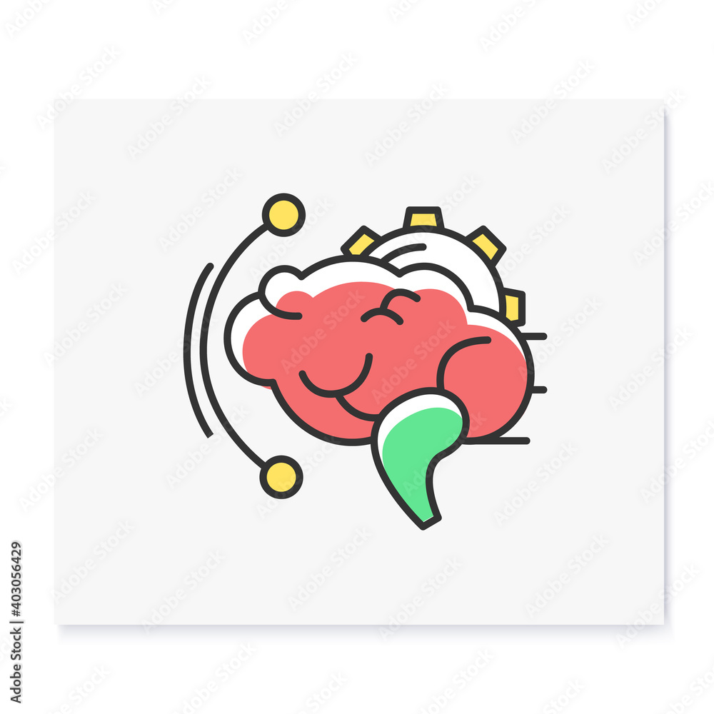Aufkleber brainstorming color icon. effective brain with gear linear pictogram. creative art idea production a