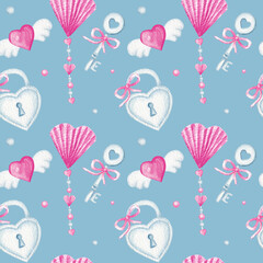 Seamless pattern heart Valentine's Day, love Greeting card concept. Watercolor texture for scrapbooking. Wedding, banner, poster design. Hand drawn pink hearts on blue background