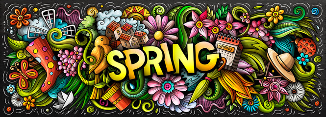 Spring hand drawn cartoon doodles illustration. Colorful raster banner