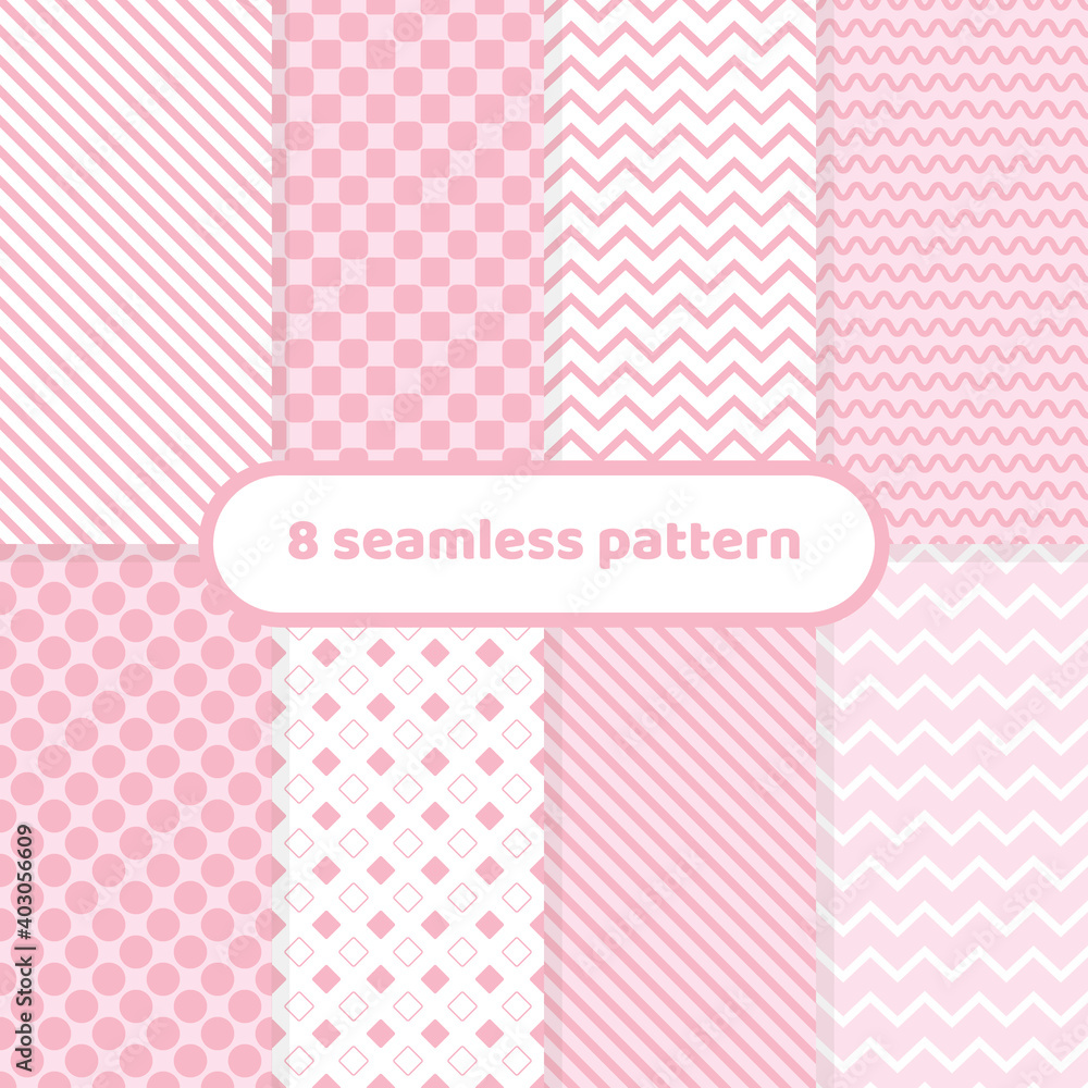 Poster cute different vector seamless patterns. pink color. geometric color set pink and white.