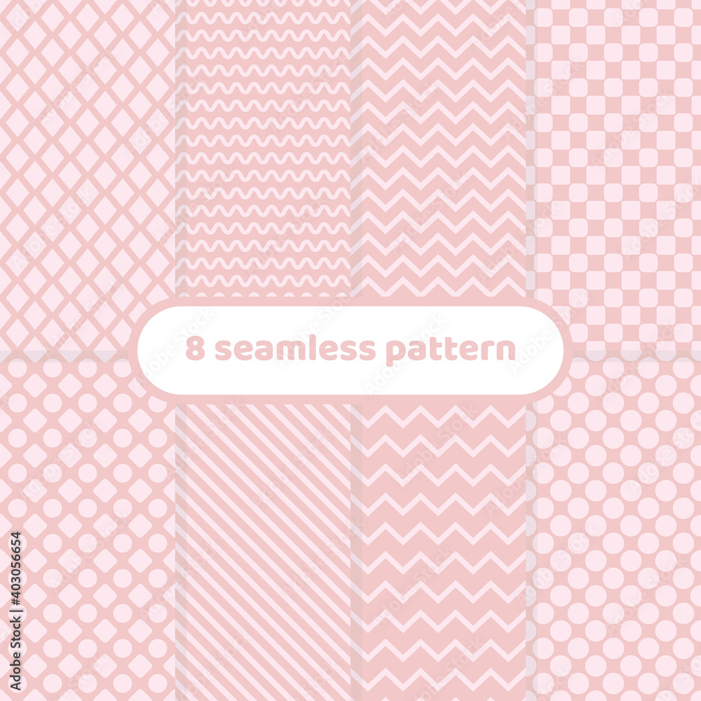 Poster cute different vector seamless patterns. pink color. geometric color set pink and white.