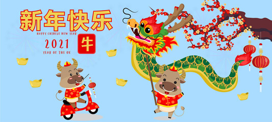 Chinese new year 2021. Year of the ox. Background for greetings card, flyers, invitation. Chinese Translation:Happy Chinese new Year ox. - 403056603