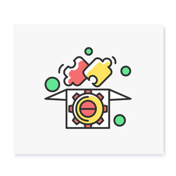 recommend clip art: Solution color icon. Jigsaw puzzle fit into box with gear linear picogram. Problem solving and creative solution production concept. Isolated vector illustration for web and business presentation