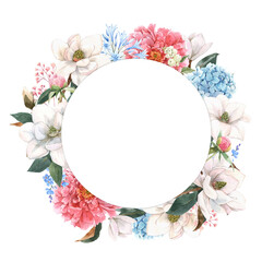 Beautiful stock illustration with gentle hand drawn watercolor floral composition. Magnolia and hydrangea flowers.