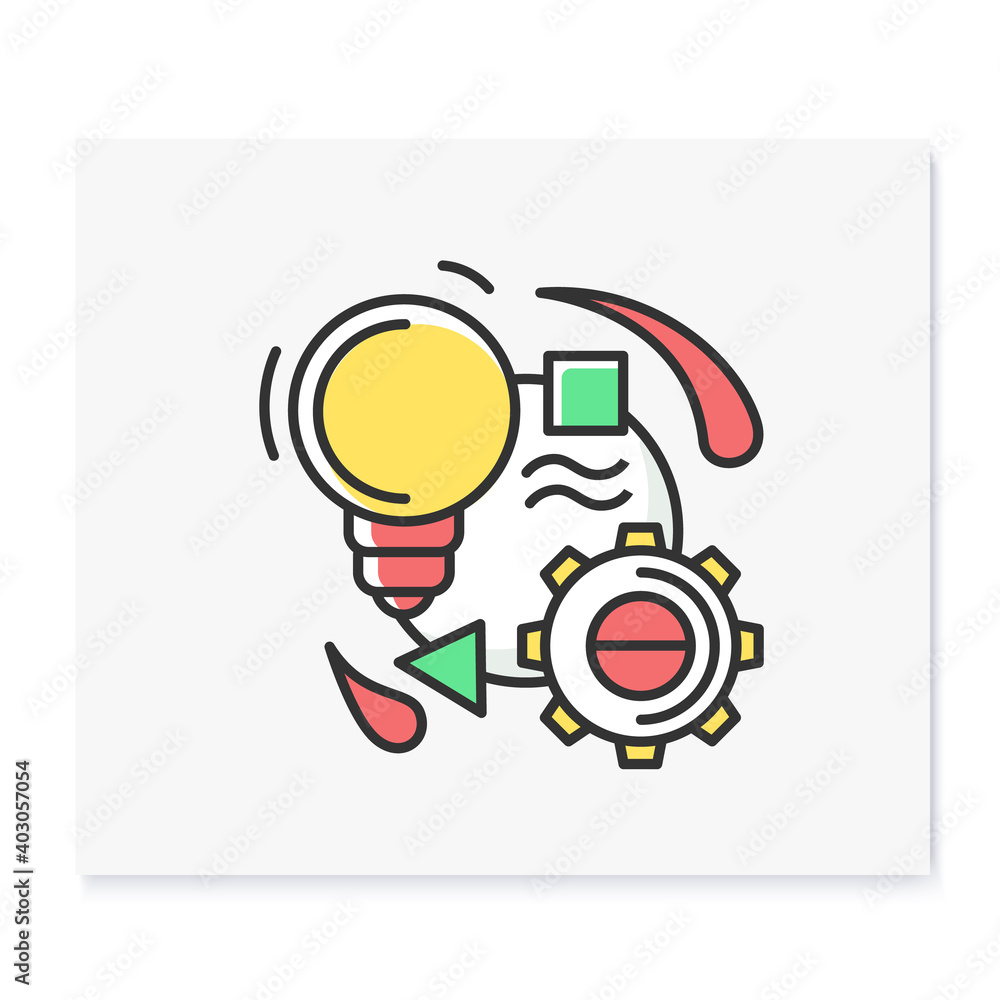 Poster creative process color icon. light bulb, gear and agile work flow linear pictogram. concept of creat