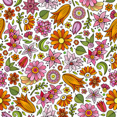 Cartoon cute hand drawn Spring seamless pattern.