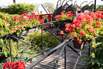 Cozy outdoor cafe terrace with flowers and tables in Lithuanian countryside.
