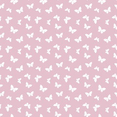 Pastel pink and white random butterfly silhouettes seamless repeat pattern design,