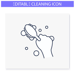 Cleaning brush line icon. Wiping, brushing. Housekeeper hand with round brush. Wet cleaning. Housekeeping and surface disinfection concept. Isolated vector illustration. Editable stroke 