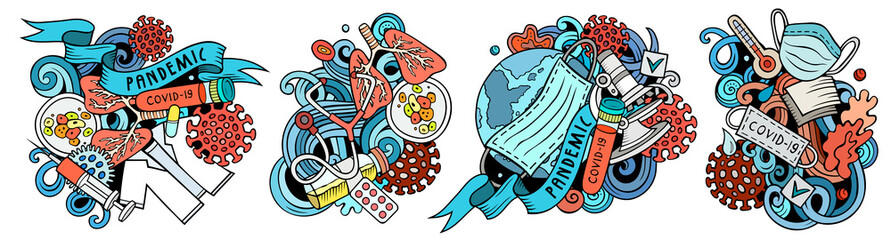 Epidemic cartoon raster doodle designs set.