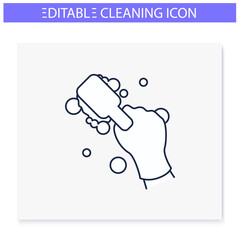 Cleaning brush line icon. Wiping, brushing. Housekeeper hand with square brush. Wet cleaning. Housekeeping and surface disinfection concept. Isolated vector illustration. Editable stroke