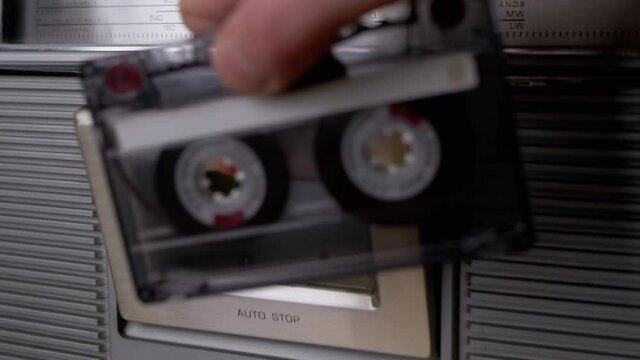 Open Cassette Deck of Old Tape Recorder, Pull Out 90s Cassette with Fingers. 4K
