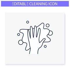 Cleaning napkin line icon. Wiping with cloth. Housekeeper hand with rag. Wet cleaning. Housekeeping and surface disinfection concept. Isolated vector illustration. Editable stroke 