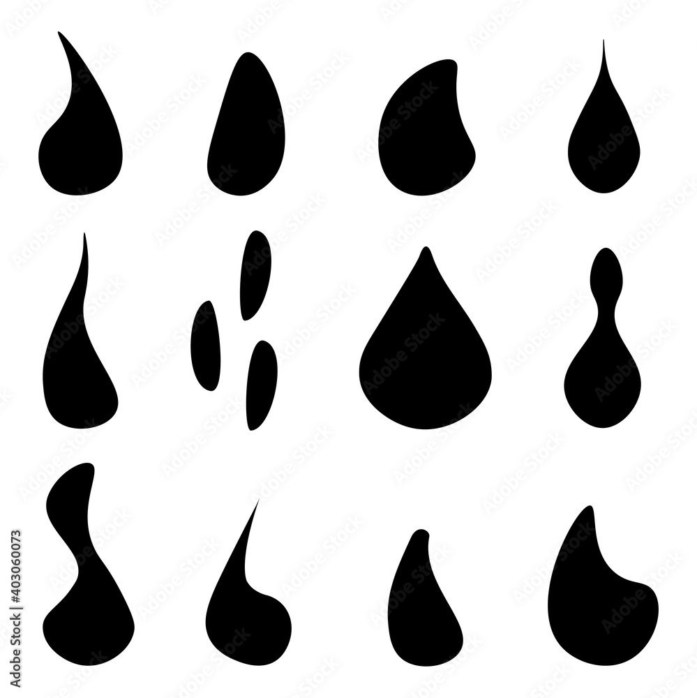 Poster set of icons. a drop of water, different shapes, charming color on a white background. flat design. 