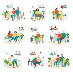 Naklejka premium People communicate with their families via video calls. Concept remote family meetings. Grandma, grandpa, children, grandchildren, parents talk using a laptop, phone, tablet. Set vector illustration