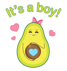 It's a boy. Baby shower party. Gender of a child. Pregnancy announcement. Expecting a baby. Happy pregnant mother. Cartoon avocado. Greeting card or print design. Blue heart - obrazy, fototapety, plakaty