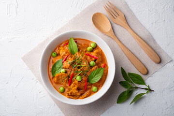Panaeng Curry with Pork.Sliced Meat in red curry paste and coconut milk.Thai style food.Top view.