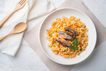 Fried Rice with Canned Mackerel.Thai style fusion food.Top view