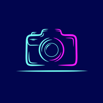 Camera dslr Line. Pop Art logo. Colorful design with dark background. Abstract vector illustration. Isolated black background for t-shirt