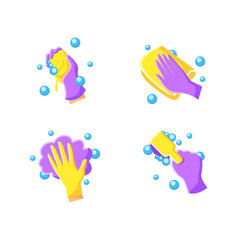 Surface wiping flat icons set. Housekeeper hand in glove pictogram collection. Wet cleaning with sponge, brush and more. Housekeeping and surface disinfection concept. Color vector illustrations
