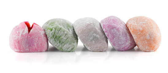 The colorful mochi Japanese dessert isolated on white background,  Clipping path.