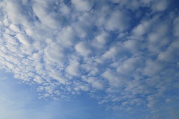 Clear blue sky with white clouds in summer time. Nature background concept.