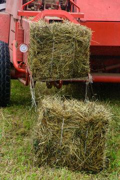 Old tractor in the field, forage harvesting for the winter, press and hay, pressing dry grass.