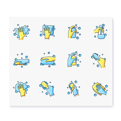 Fototapeta premium Surface wiping color icons set. Housekeeper hand collection. Wet cleaning with sponge, detergent, brush, napkin and more. Housekeeping and surface disinfection concept. Isolated vector illustration