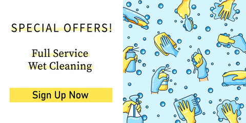 Fototapeta premium Surface wiping web banner. Spesialoffers.Full service.Sign up now.Housekeeping and surface disinfection concept landing,web page layout template.Housekeeper hand linear vector illustrations collection